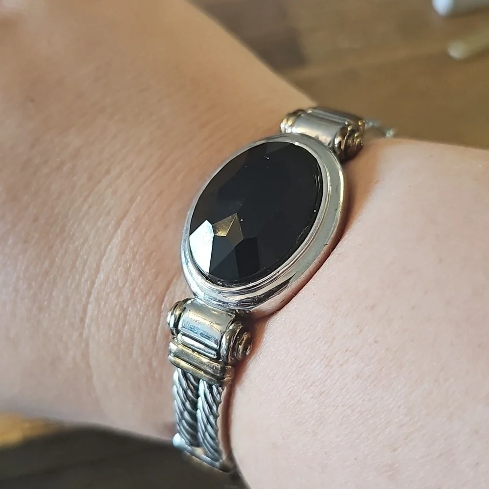 Gold and Silver Tone with BLack Onyx Rope Design Bangle Bracelet